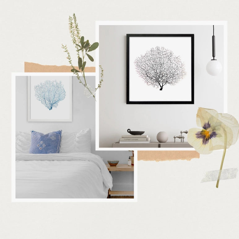 seafan artwork and wall art in blue red and black seafans